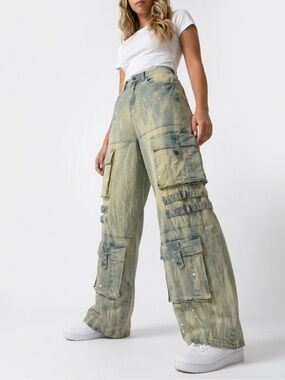 Smoke Rise RED Cargo Jeans Size S Distressed Paint Splatter
